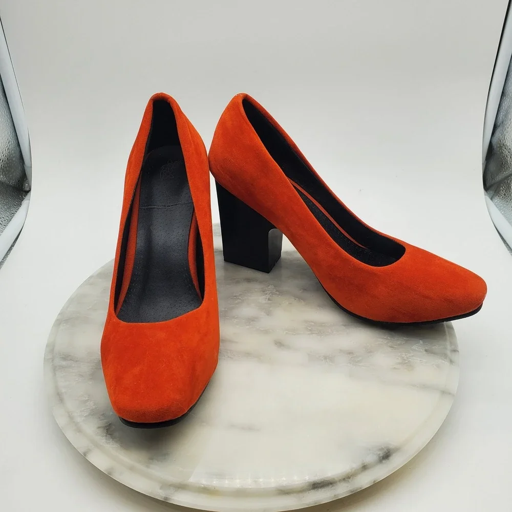 Vibrant Orange Suede Block Heel Pumps Round Toe Chunky High Heels Women Sz 6.5-7